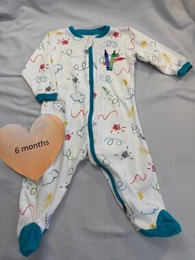 White Scribble Print Footed Pajamas with Teal Trim - 6 Months